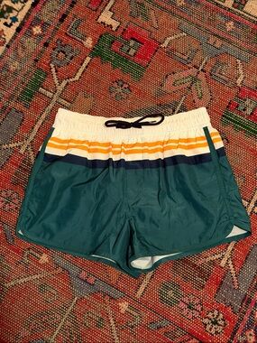 H&M Retro Teal Swim Trunks with White, Yellow & Navy Stripes
